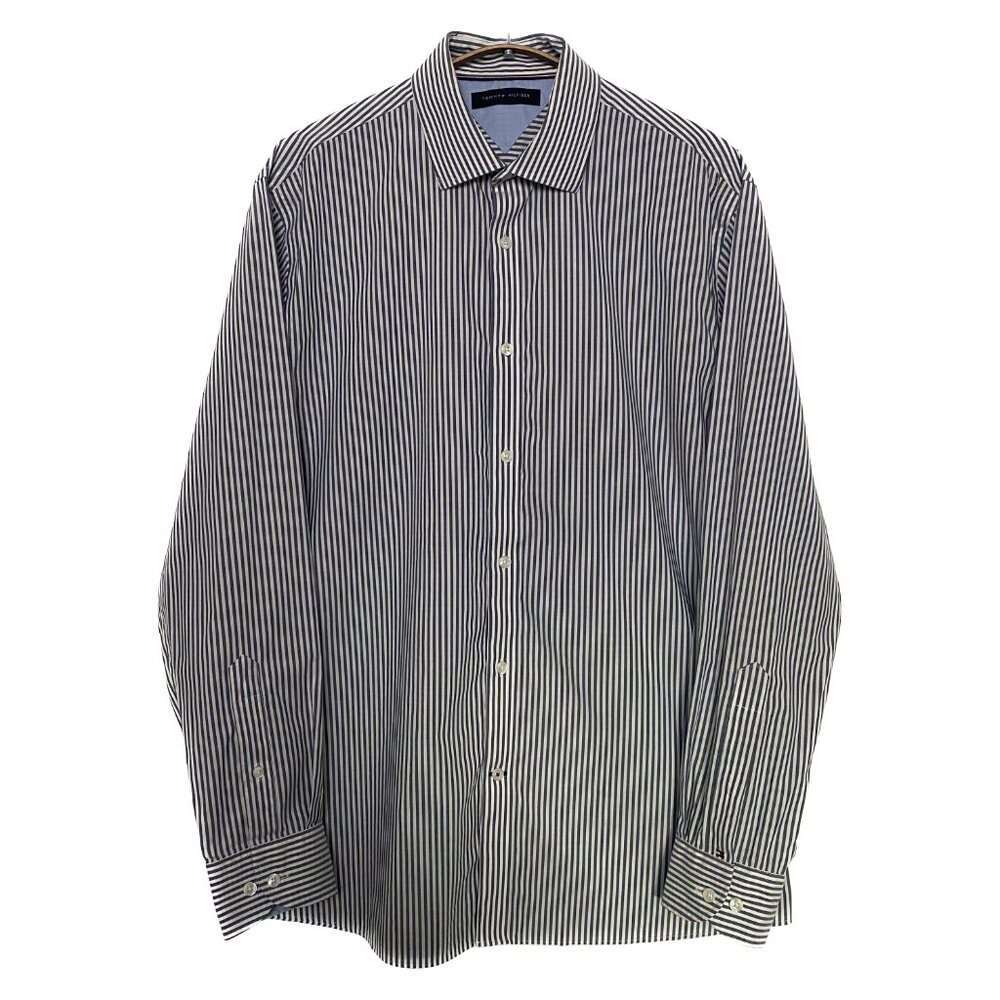 Tommy Hilfiger Collar Shirt Men 16 Large 32/33 Blue White Stripe Poplin Classic
